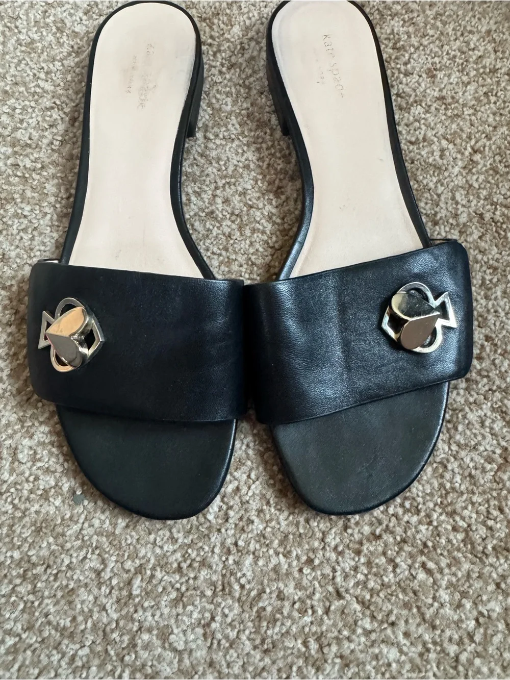 Kate Spade New York Ferry Black Leather  Slide Sandals with silver logo